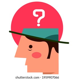 A man was wondering and uncertain, a man with question mark on his head.