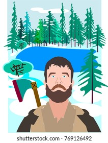 man A woodcutter in the forest against the backdrop of a lake
