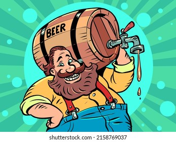 A Man With A Wooden Barrel Of Beer. Alcoholic Drink. Bavarian German Tradition