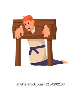 Man in Wooden block for punishment in the Middle Ages. Vector illustration.