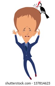 Man with a woodpecker pecking on her head, vector cartoon illustrating migraine headache