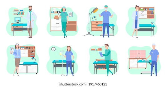 Man and wooman doctors in their workplaces in medical office set. Health protection concept. Male and female characters medic and nurse in medical clothes in the hospital ready to accept the patient