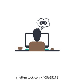 man at work back view - designer programmer computer theme