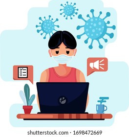 Un hombre trabaja detrás de una laptop. Concepto de trabajo en casa. Trabajo desde el aislamiento del hogar Coronavirus Covid-19 Ilustración de vectores de concepto.