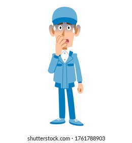 A man in work clothes is anxious