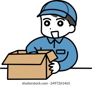 A man in work clothes with a cardboard box