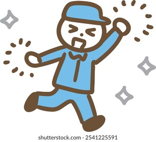 A man in work clothes cheering with pom-poms