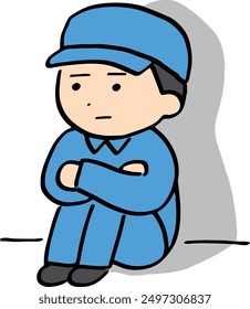 A man in work clothes with a dark expression