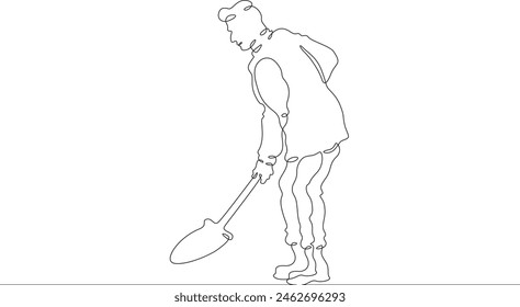 A  man in work clothes digs with a shovel. The male farmer is digging. A gardener works on the land. One continuous line. Line art. Minimum one line. White background. One line drawing.