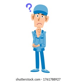 a man in work clothes doubts dissatisfied