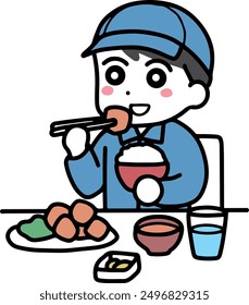 Un hombre con ropa de trabajo comiendo una comida