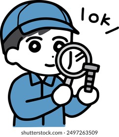 A man in work clothes examining with a magnifying glass