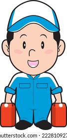 A man in work clothes with a fuel tank