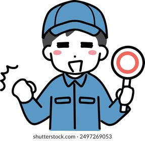 A man in work clothes happily holding a circle placard