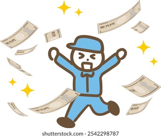 Un hombre vestido de trabajo está contento con una Grande cantidad de billetes