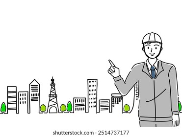 A man in work clothes with helmet pointing and cityscape hand drawing vector illustration