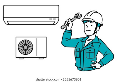 Man in work clothes holding an adjustable wrench repairing an air conditioner