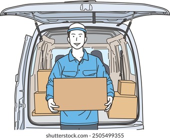 A man in work clothes holding a cardboard box in front of a car