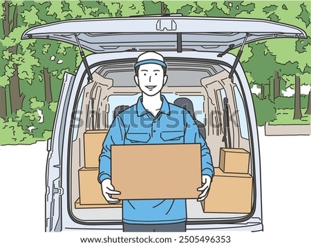 A man in work clothes holding a cardboard box in front of a car
