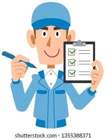 A Man in work clothes holding checklist in hand