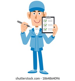 A man in work clothes holding a checklist