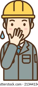 Man in work clothes holding his mouth
