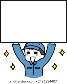 A man in work clothes holding a white panel