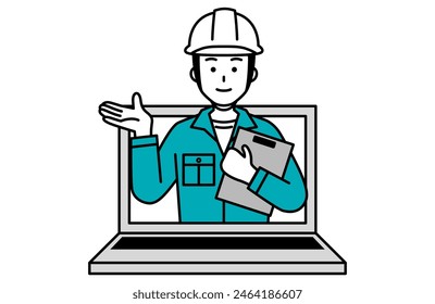 Ein Mann in Arbeitskleidung, der sich vorstellt, springt vom Laptop-Bildschirm hervor