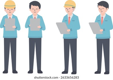 A man in work clothes looking at a tablet