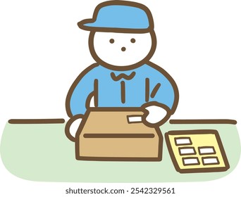 Um homem com roupas de trabalho colando um adesivo em uma caixa