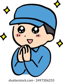 A man in work clothes with shining eyes