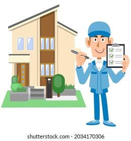 A man in work clothes showing a checklist and a house