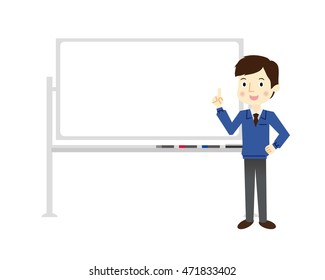 Man of work clothes that are described standing in front of the white board