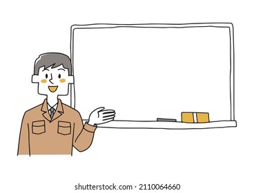 A man in work clothes that guides his eyes to the whiteboard. A warm handwritten illustration of a person. Vector on a white background.