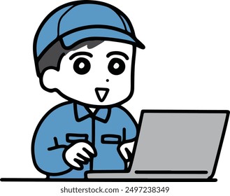 A man in work clothes using a computer