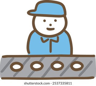 A man in work clothes visually inspecting flowing products