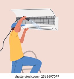 A man in work clothes washing and cleaning the air conditioner Hand drawn vector illustration.