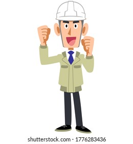 A man in work clothes wearing a helmet that stretches out