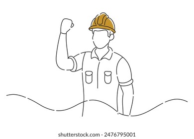 Man in work clothes wearing a helmet with his shoulders crossed and doing a fist pump, doodle line art flat vector illustration