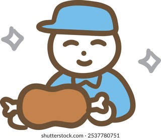 Um homem com roupas de trabalho que tem carne com osso