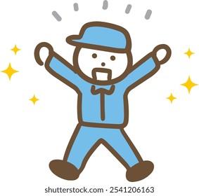 A man in work clothes who is overjoyed