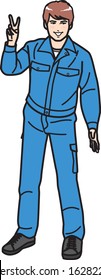 A man in work clothes who shows 2.