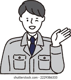 man in work clothes wink