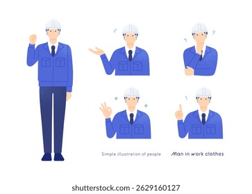 Man in work clothes. Worker wearing a helmet. 5 pose illustration set.