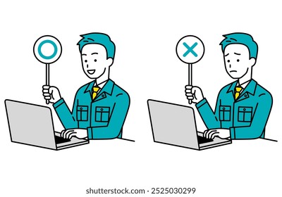 Homem em roupas de trabalho trabalhando em um laptop levantando uma marca de círculo ou cruz