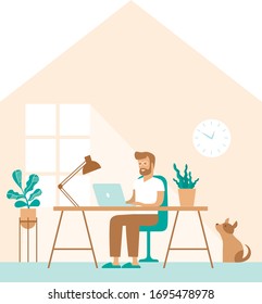 Man work in comfortable conditions. Freelancer character working from home remotely. Flat vector concept for coronavirus quarantine