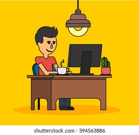 Man work with computer design flat. Computer and business man worker, man in office desk, businessman person at table workplace, character work manager vector illustration