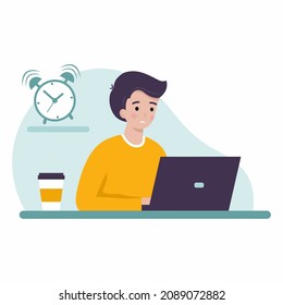 Man work computer. Freelance programmer and deadline. Designer late with execution order. Online education on Internet.