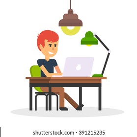 Man work with computer laptop design flat. Computer and business man worker, man in office desk, businessman person at table workplace, character work manager vector illustration