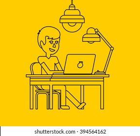 Man work with computer laptop design flat. Computer and business man worker, man in office desk, businessman person at table workplace, character work manager vector illustration. Black on yellow